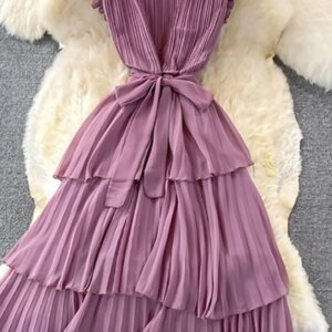 Maxct Women Purple/Pink/Green Draped Dress Vintage Ruffle Stand Collar Sleeveless High Waist Party Pleated Vestidos Female New