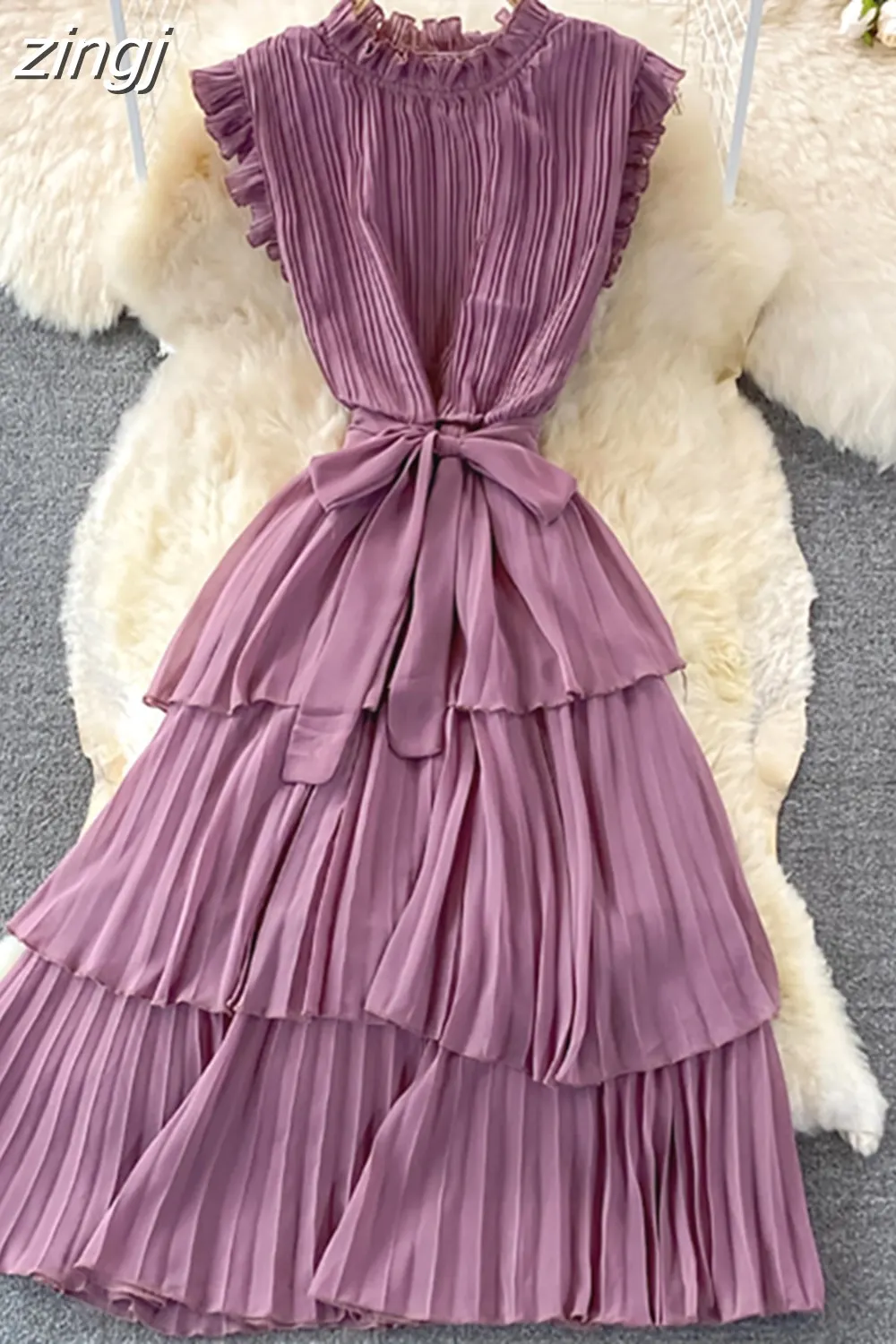 Maxct Women Purple/Pink/Green Draped Dress Vintage Ruffle Stand Collar Sleeveless High Waist Party Pleated Vestidos Female New