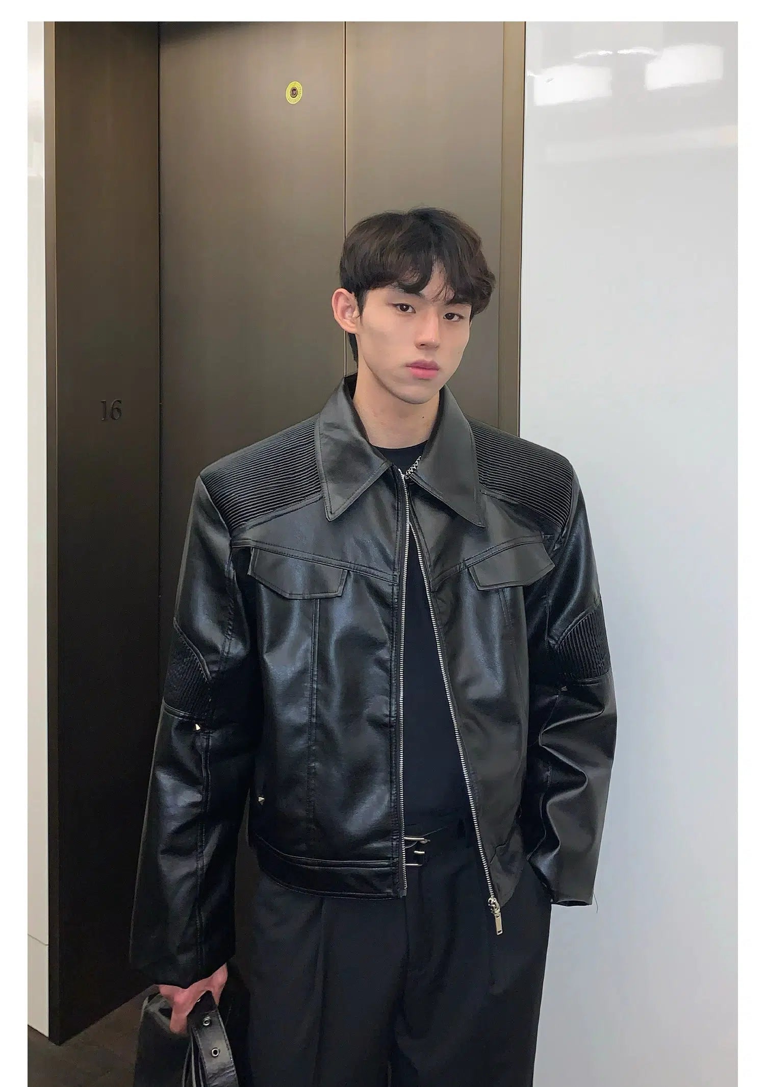 Maxct Pleated Stitching PU Leather Biker Jacket