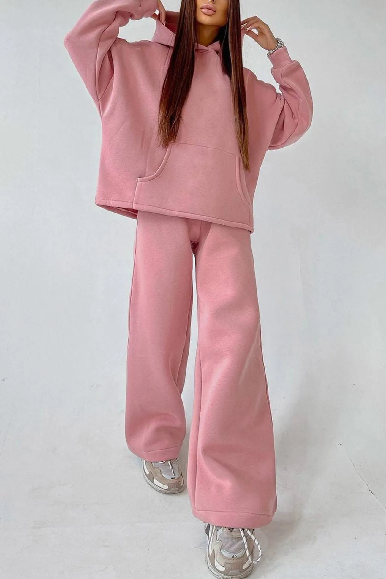Maxct Solid Hoodie Wide Leg Long Pants Suits