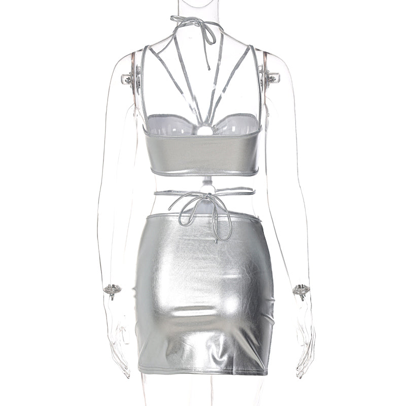 Voguable  Solid Sleeveless Bodycon Halter Hollow Out Mini Dress  Streetwear Outfits Y2K Maxct