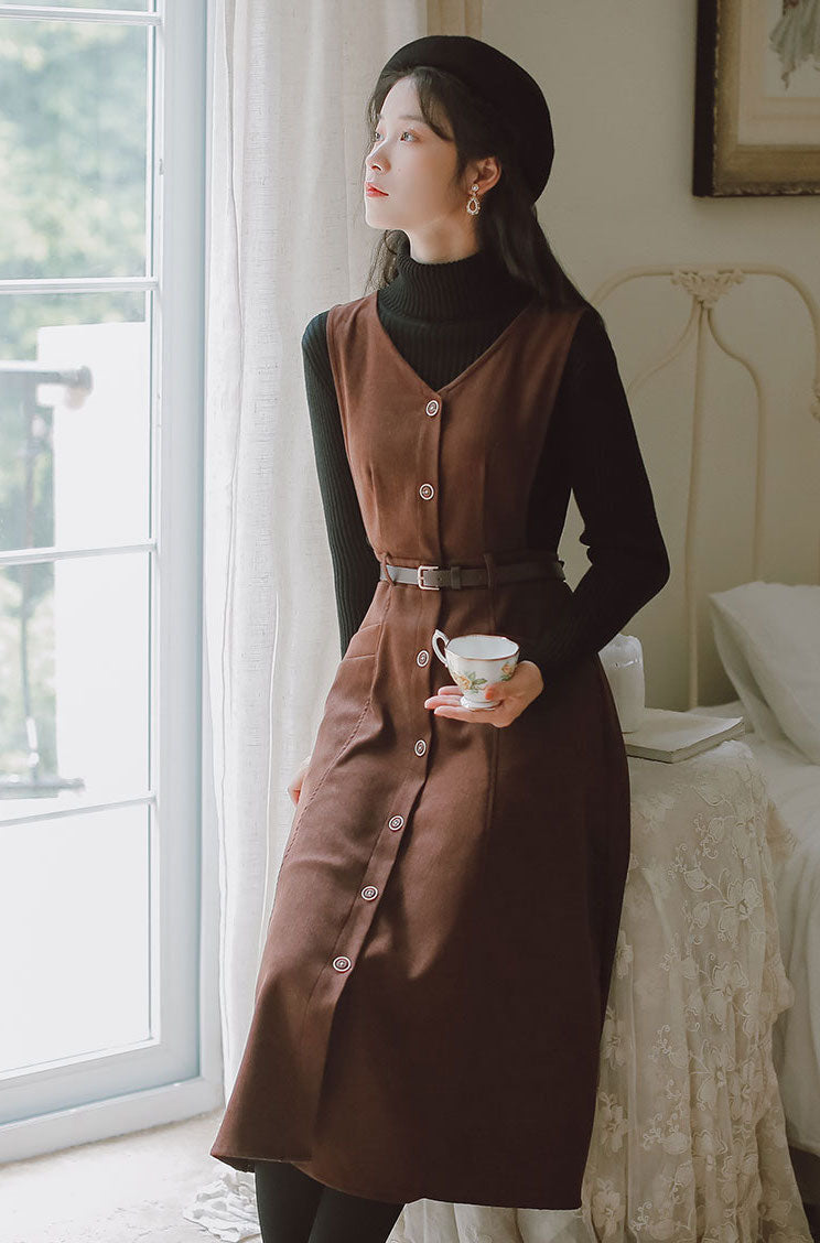 Button Up Suede Pinafore Dress Maxct