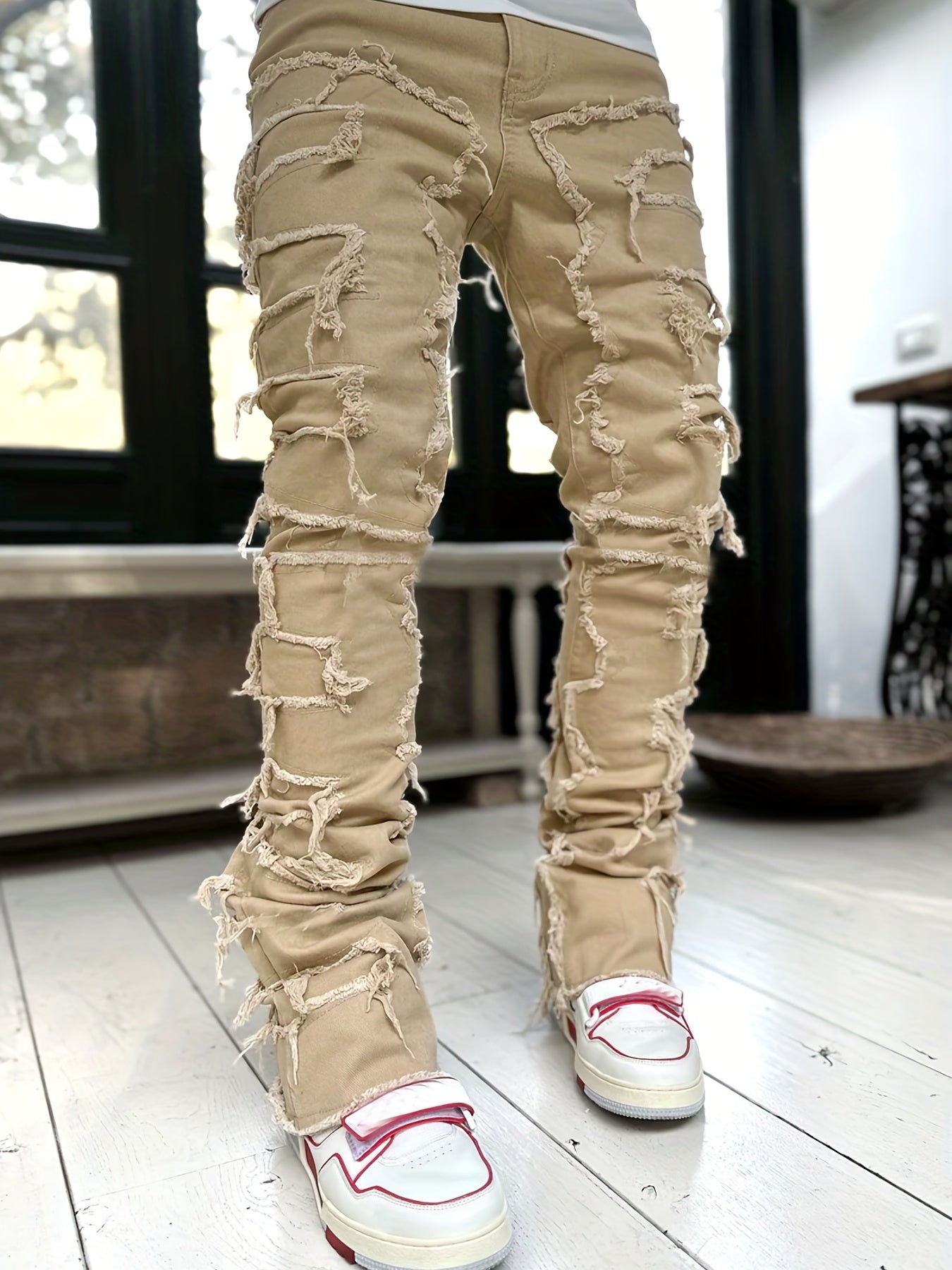 Maxct Creative Tassels Decoration Straight Fit Jeans, Men's Casual Medium Stretch Street Style Denim Pants For All Seasons