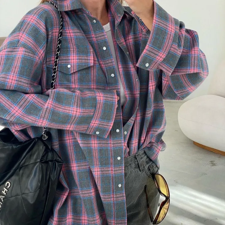 Retro Lapels Lattice Loose Shirt For Women Single-Breasted Long Sleeves Stripe Summer New Casual Versatile Pocket Shirt