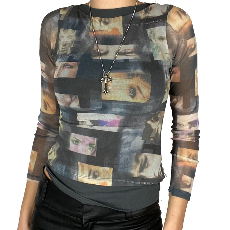 Gothic Black Pachtwork Mesh Sheer T-shirt Graphic 90s Vintage Women Long Sleeve Slim Fit Crop Top Harajuku Streetwear