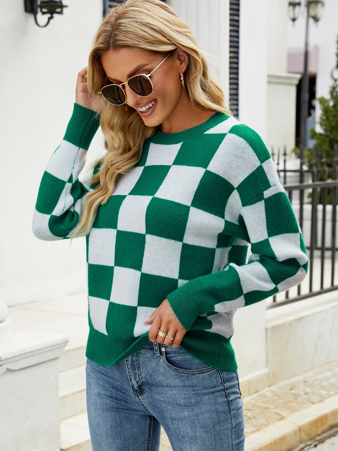 Maxct &Checkered Round Neck Sweater