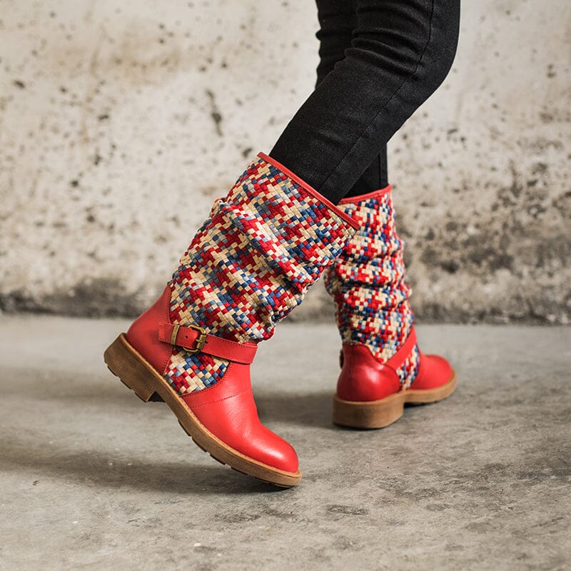 Woven Boots Mid Calf Color Blocking Design Riding Boots Maxct