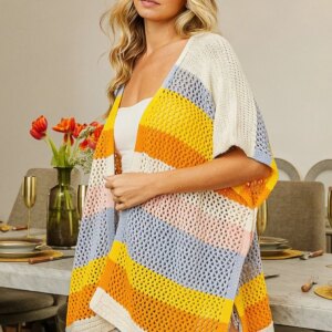 Maxct &BiBi Openwork Striped Open Front Knit Cardigan