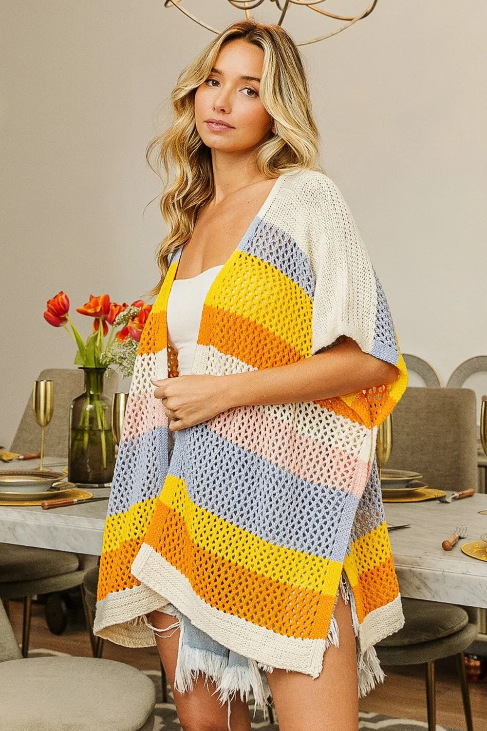 Maxct &BiBi Openwork Striped Open Front Knit Cardigan