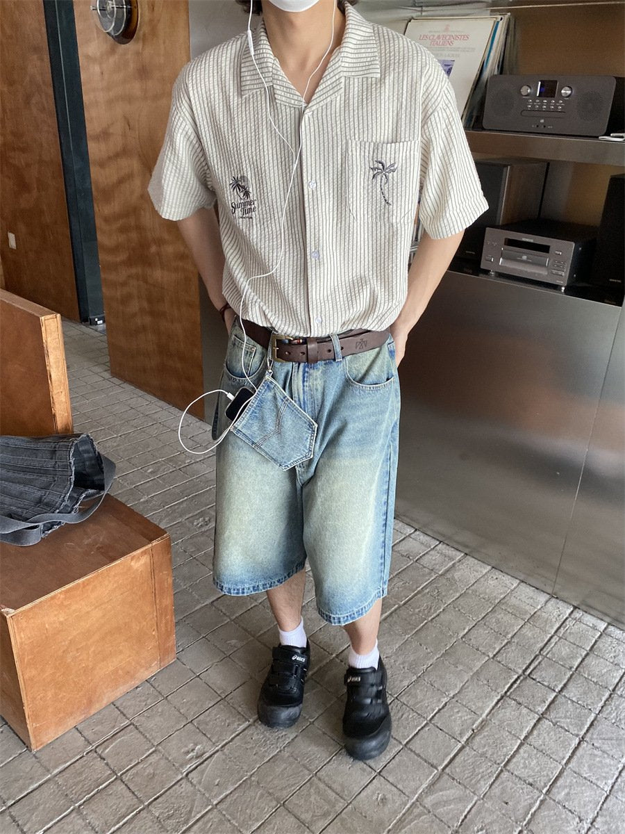 Maxct 90s Streetwear American Style Retro Coconut Tree Embroidered Cuban Collar Striped Short Sleeve Shirt Men's Summer New Lapel Loose Casual Shirt