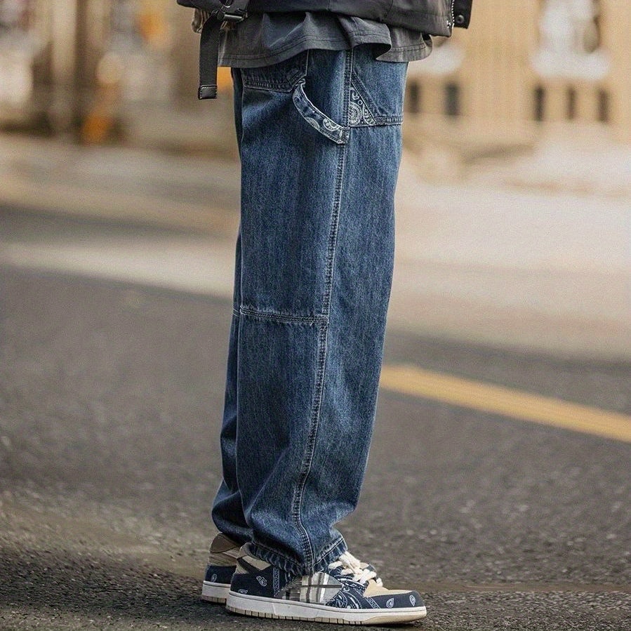 Wide Leg Cotton Jeans, Men's Casual Street Style Patchwork Denim Pants For Spring Summer