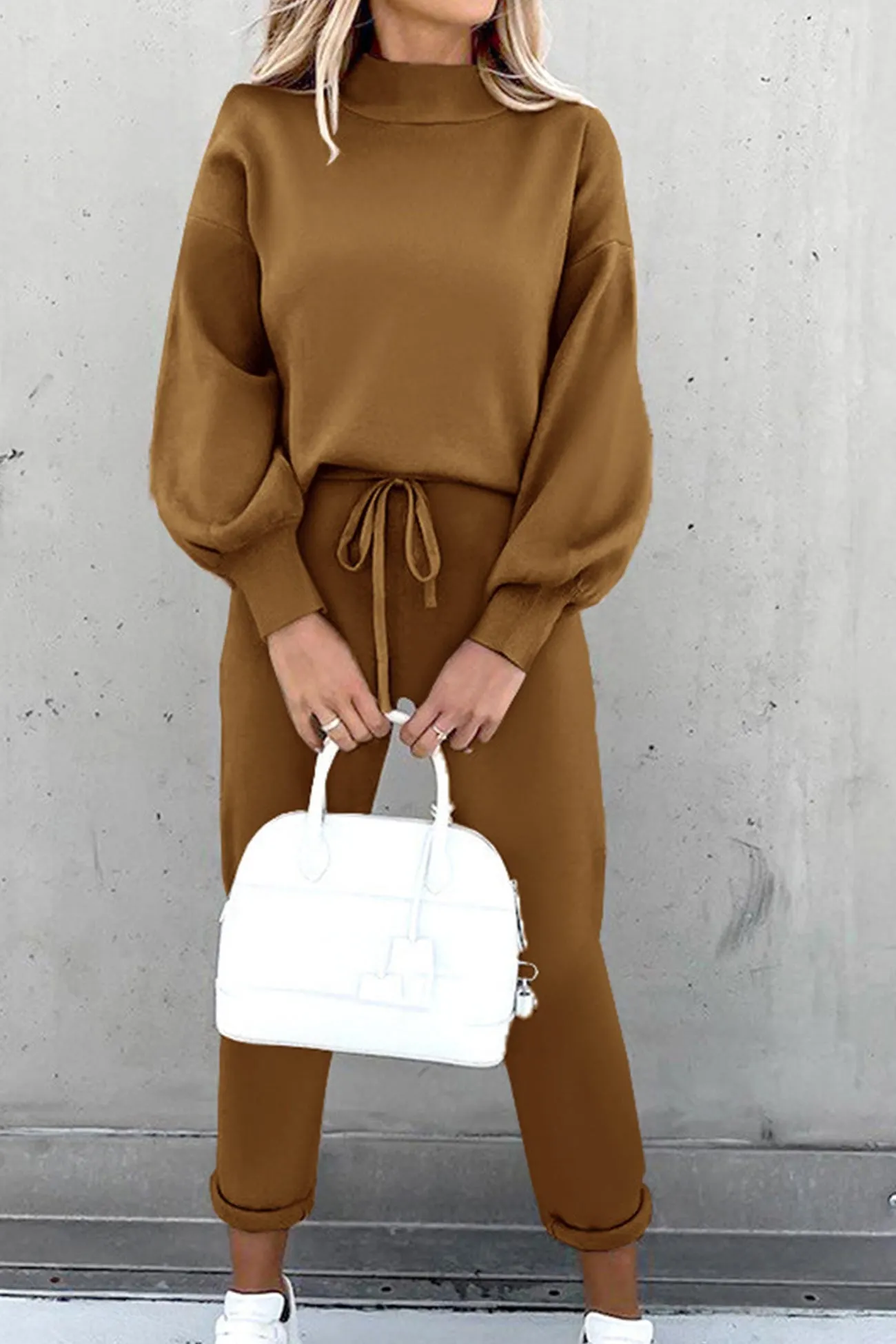 Maxct Mock Neck Puff Sleeve Sweatshirt Long Pants Suits