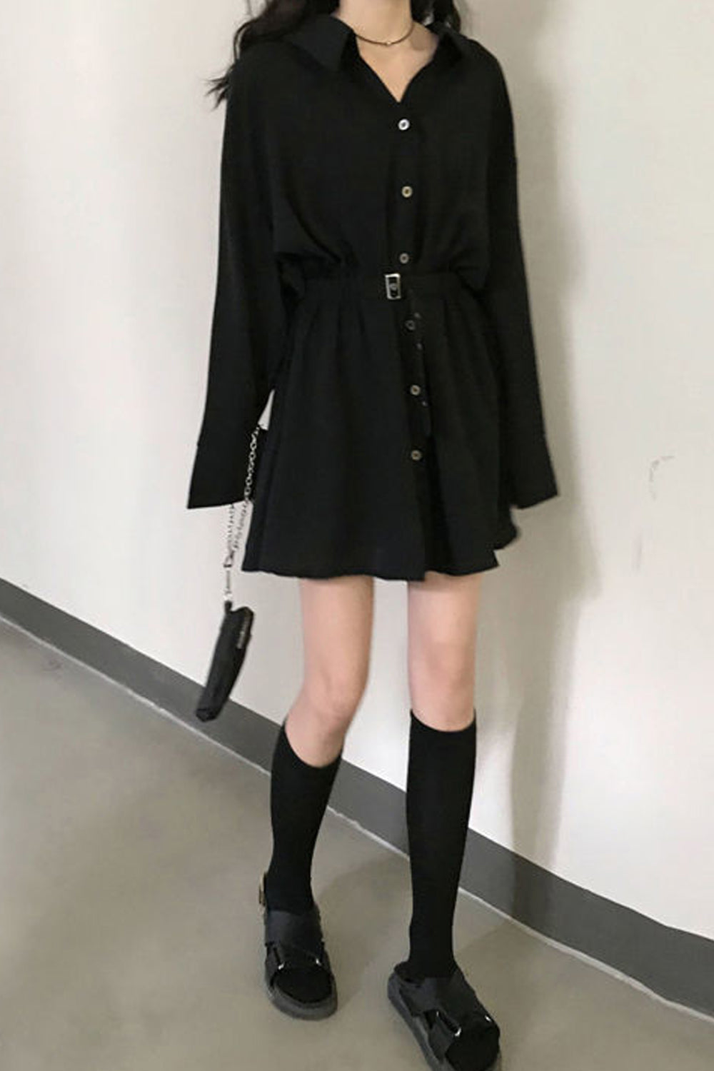 Long Sleeve Turn Down Collar Button Black Dress Maxct