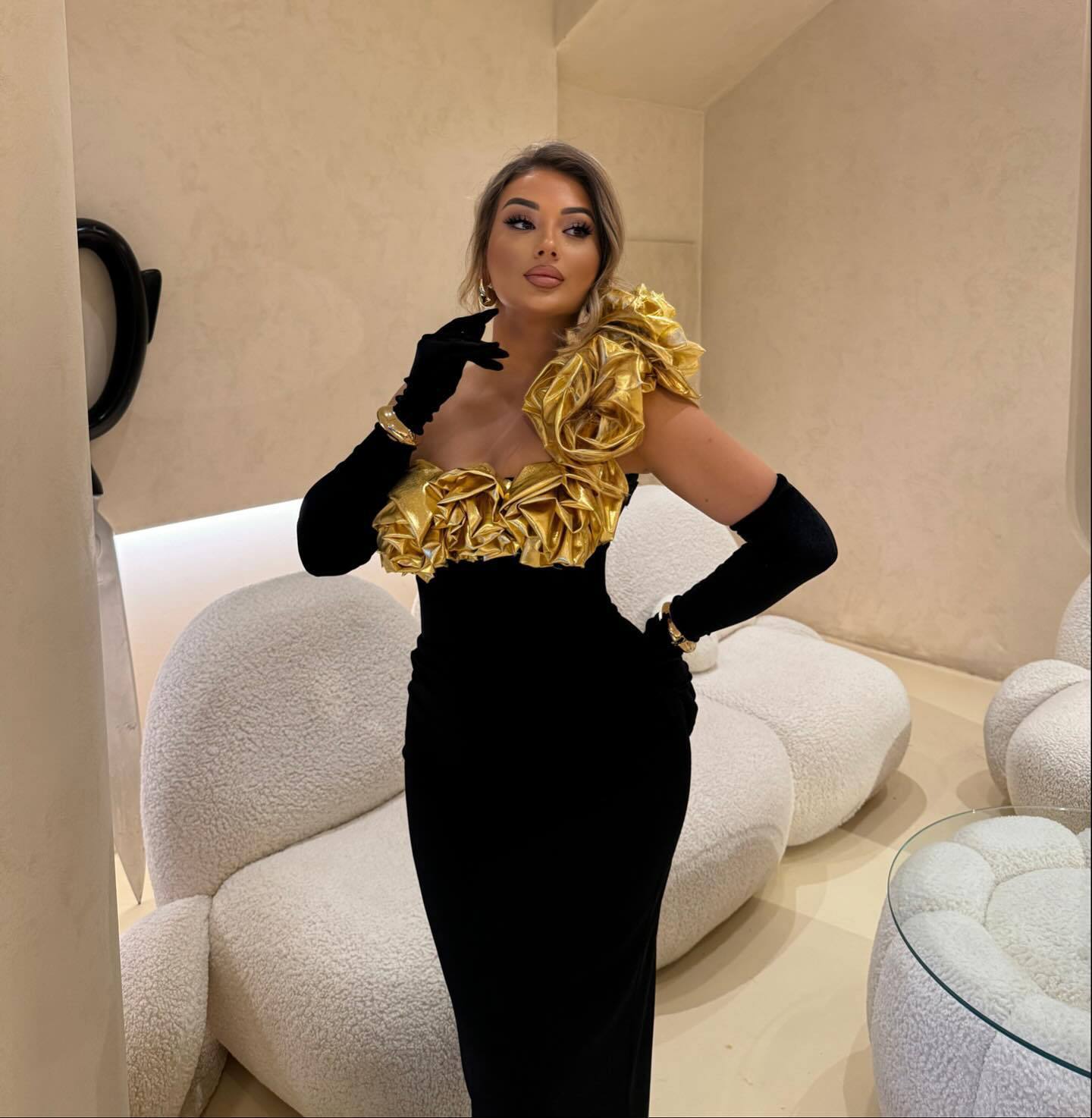 Maxct Cross Border Women Bandage Dress Evening Dress Golden Flower Slant Shoulder Dress High Purple Banquet Bandage Dress