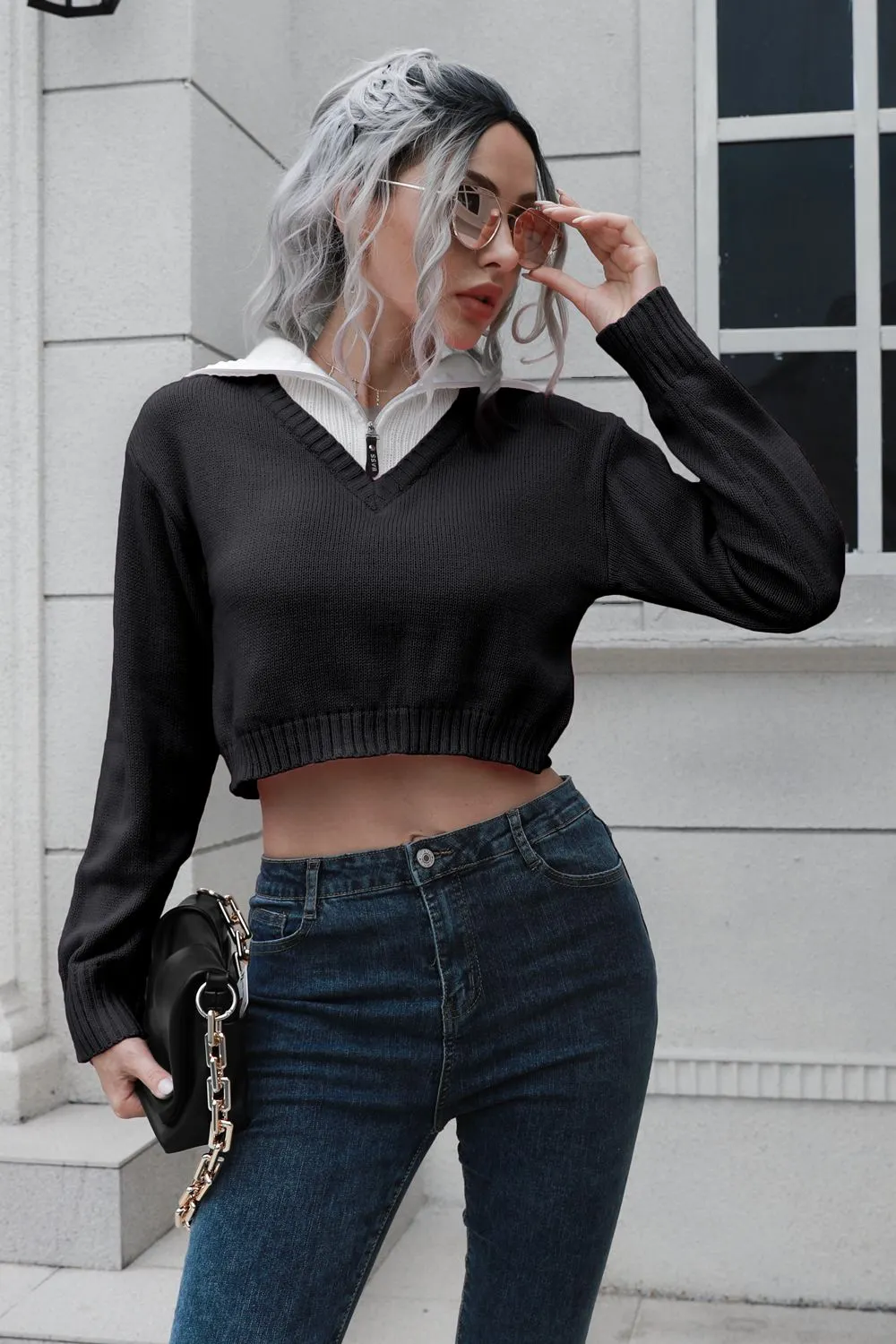 Maxct &Contrast Collared Cropped Sweater