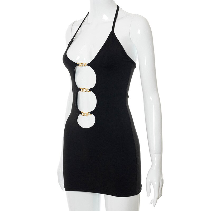 Halter Sexy Lace Up Mini Dress Party Club Outfit Cut Out Metal Ring Ties Bodycon Dresses Summer Chic Harajuku Clothes