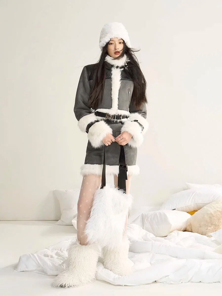 Maxct Artificial Leather Jacket Women Lapel Winter Coat Vintage Female Fleece Warm Thick Chic Tops