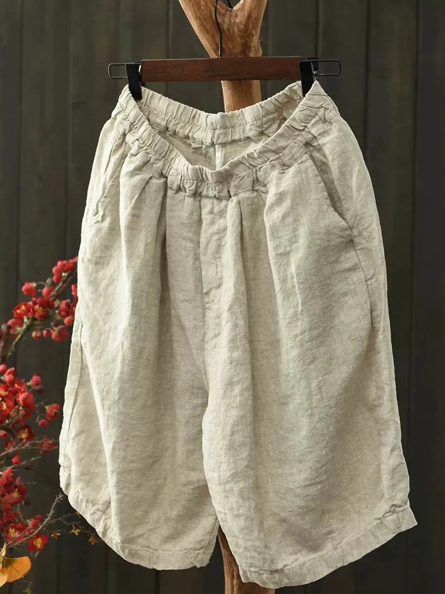 Maxct Women Summer Simple Linen Elastic-Waist Pants