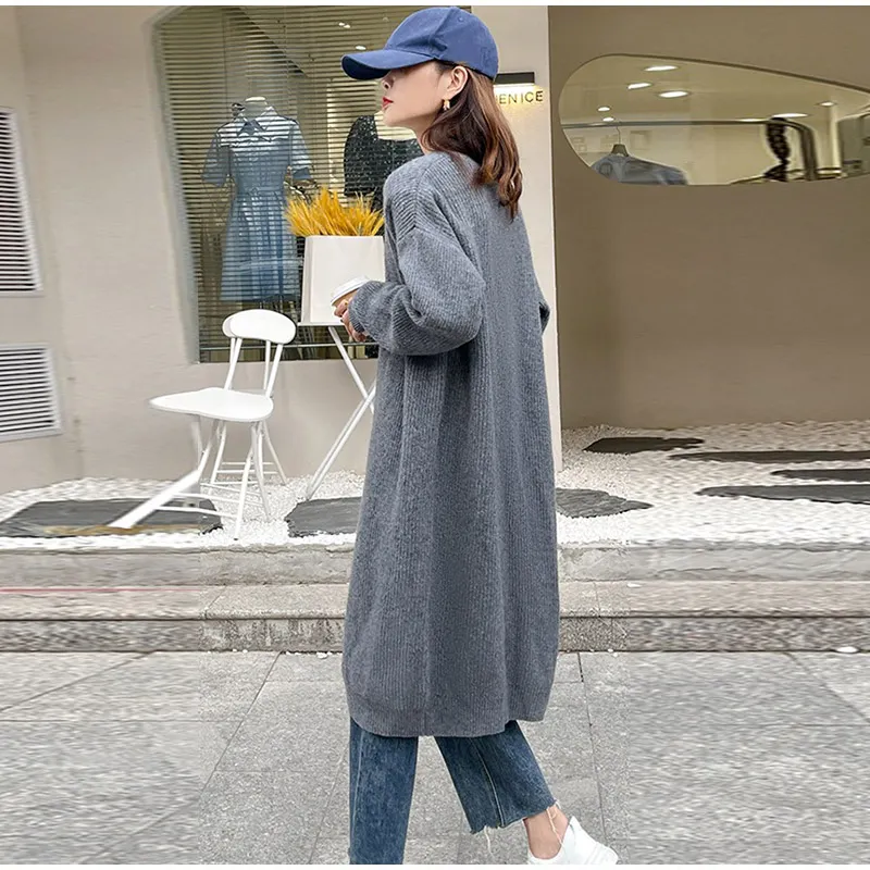 Casual Knitted Solid Long Cardigan Women Korean Loose Long Open Sweaters Female Autumn Chic Warm Simple Daily Street Tops