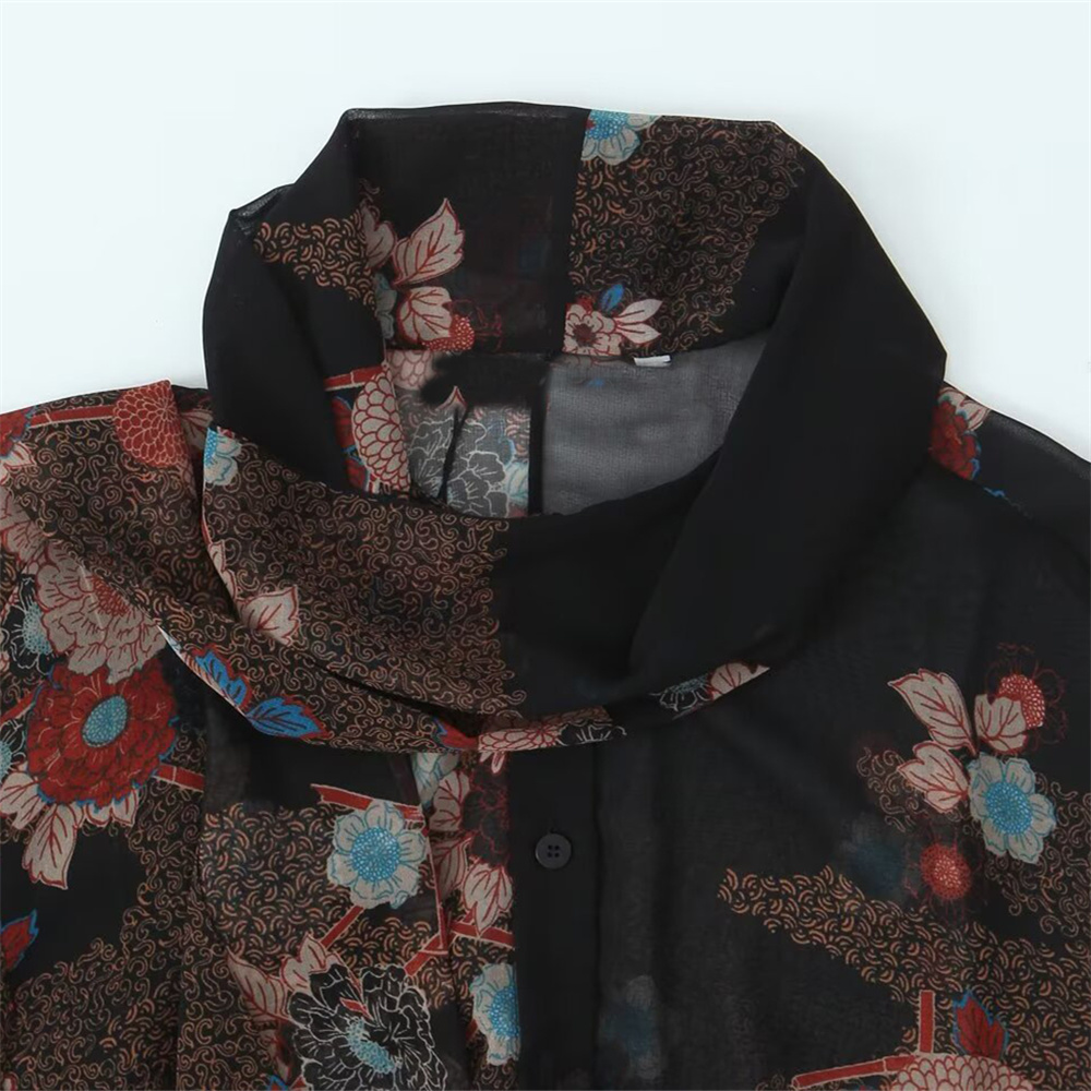 Maxct Autumn New Women's Fashion Style Ribbon Decoration Round Neck Long Sleeve Flower Printed Shirt Top