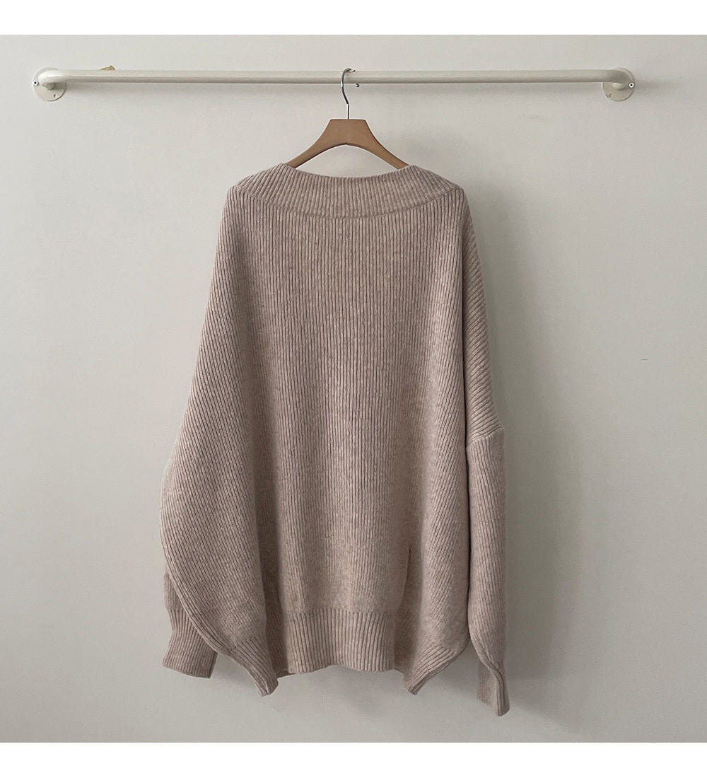 Maxct Preppy Solid Color V Neck Baggy Cardigan