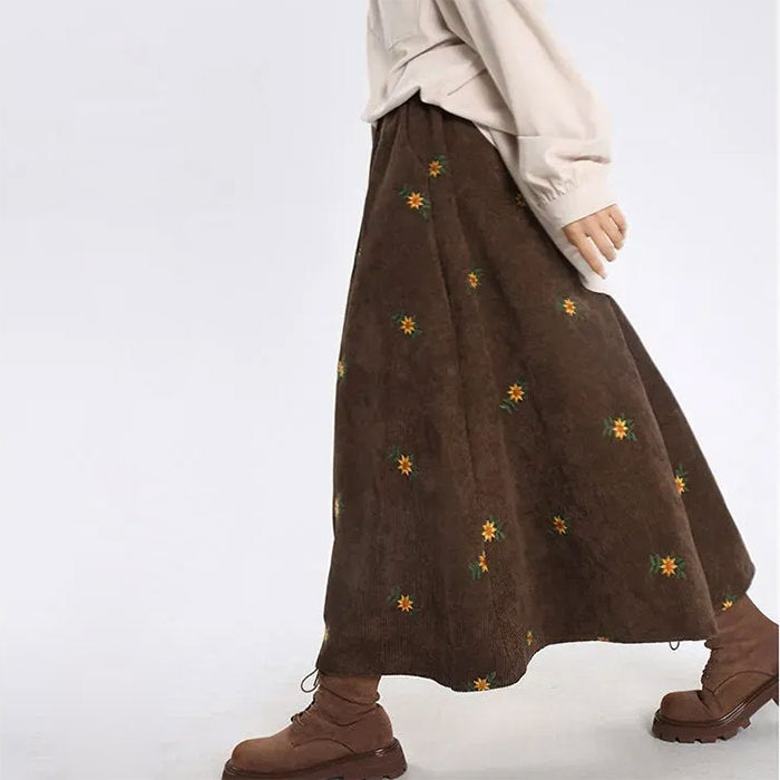 Floral Embroidery Corduroy Skirt Maxct
