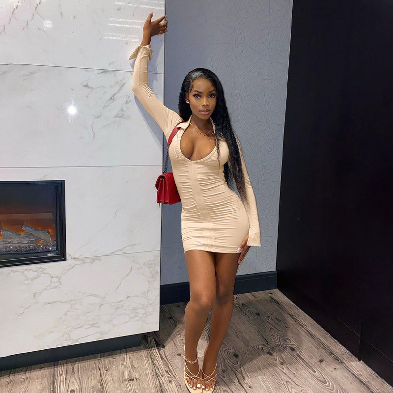Voguable Solid Pleated Polo Neck Long Sleeves Mini Dress Streetwear Y2K Elegant Wear Maxct