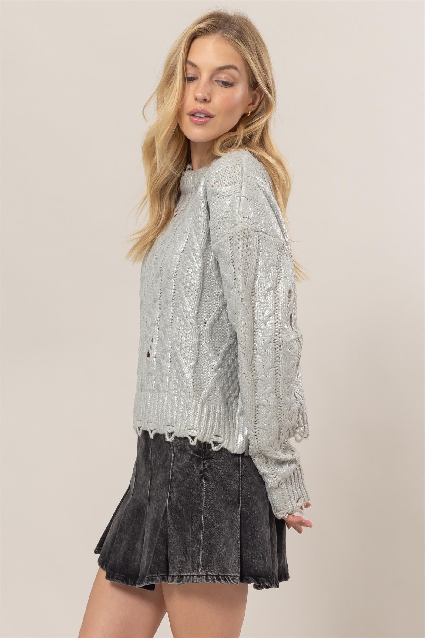 Maxct &HYFVE Distressed Cable-Knit Round Neck Long Sleeve Sweater