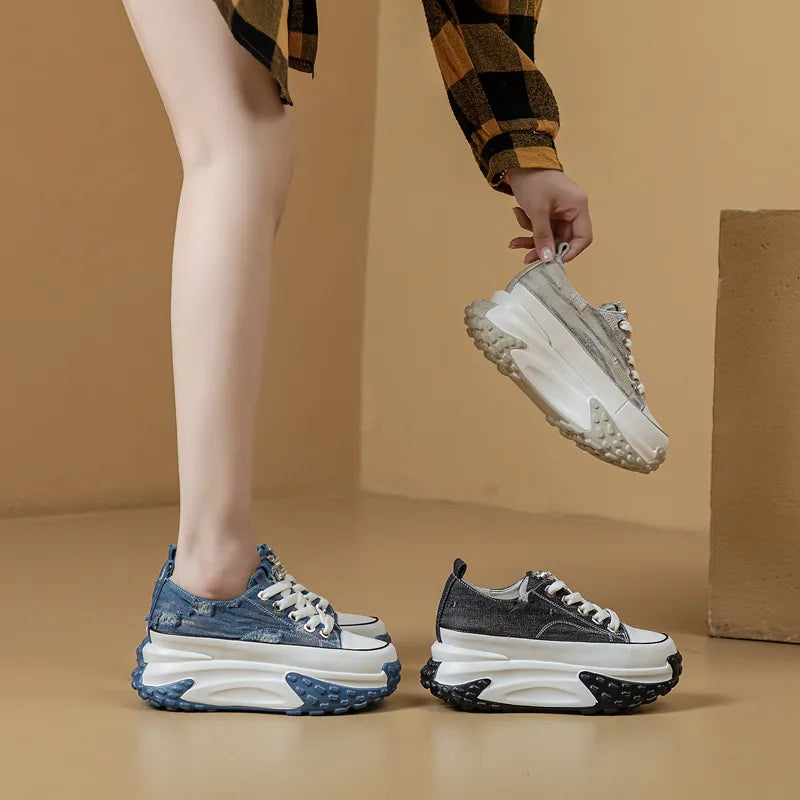 Denim Platform Sneakers with Bling - 6cm Height Women's Maxct