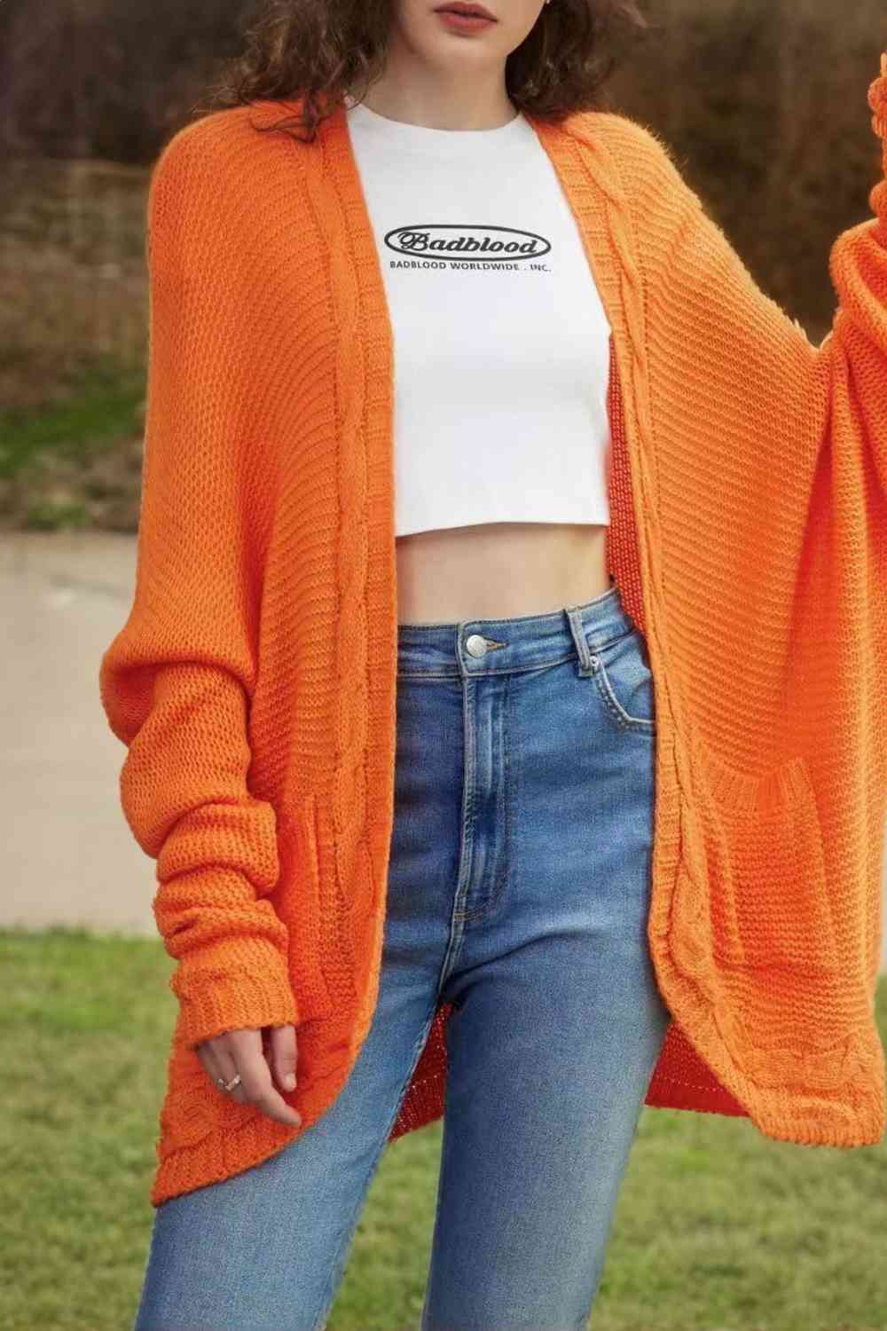 Maxct &Cable-Knit Open Front Cardigan with Pockets