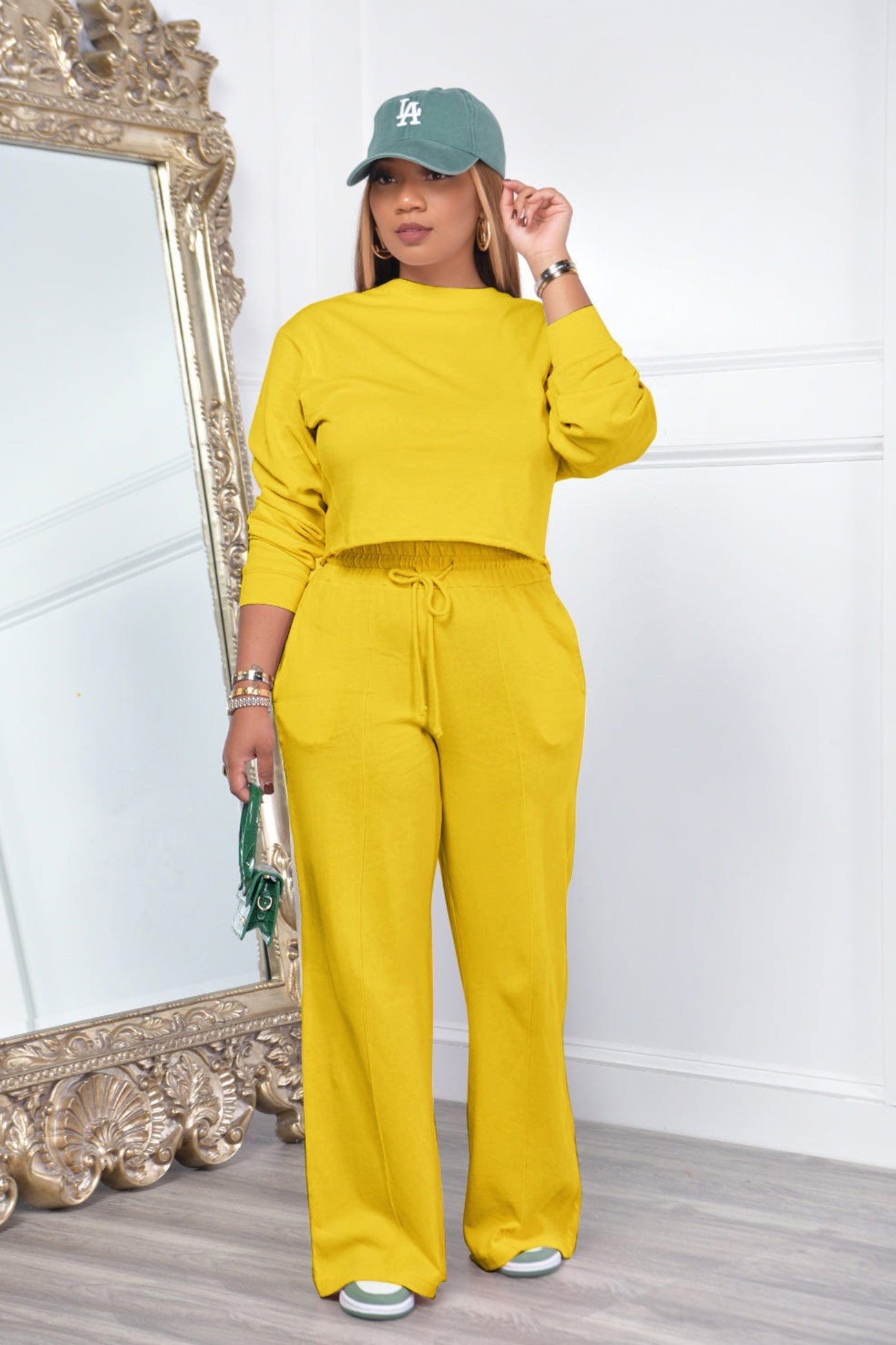 Maxct Crew Neck Crop Top Wide Leg Long Pants Suits
