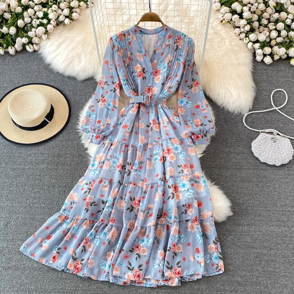 Floral Midi Dress Women Elegant V-Neck Lantern Long Sleeve High Waist Draped A-Line Casual Vestidos Female Spring Autumn