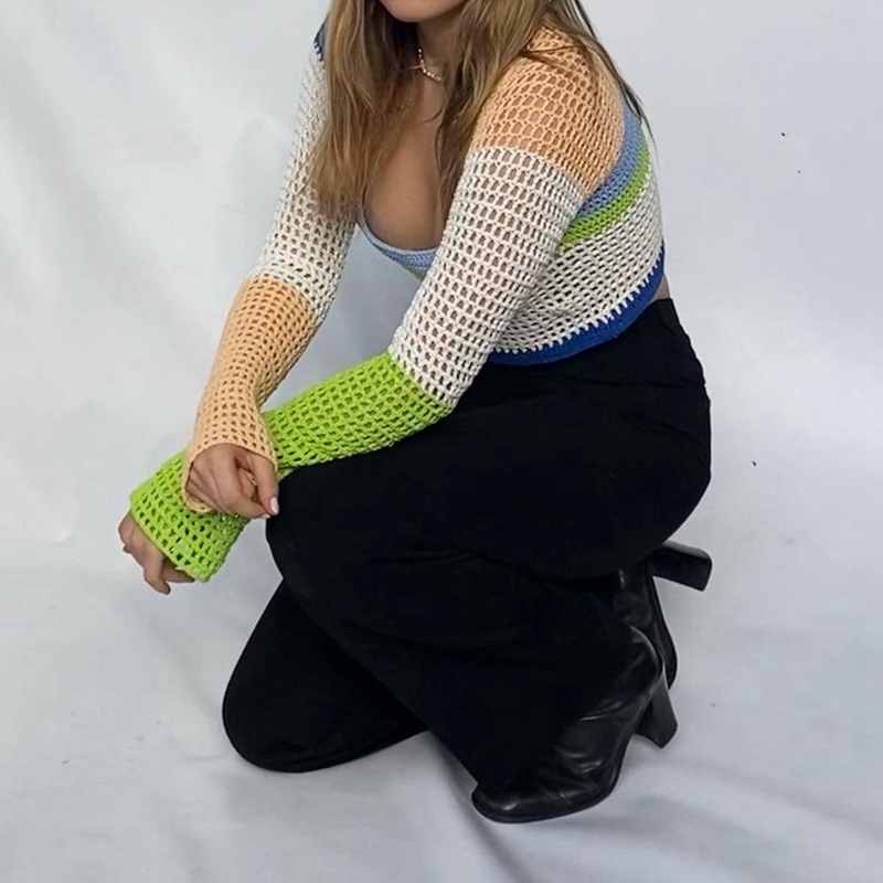 Sexy Crop Top Y2K Patchwork Crocheted Shawl Long Sleeves Mini Cover-ups Knitted Hollow Out T-shirt Women Fashion Streetwear