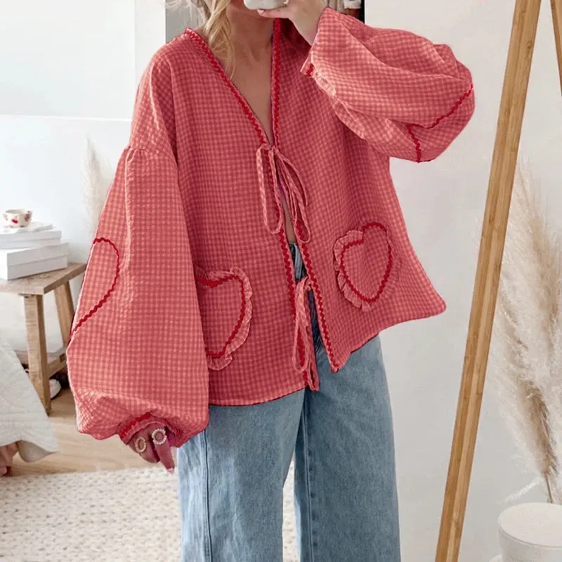 Maxct Y2K Vintage Long Sleeve T-shirts Heart Patched Plaid Front Bowknot Tie-Up Blouses Women Fashion Elegant Casual Loose Fit Tops