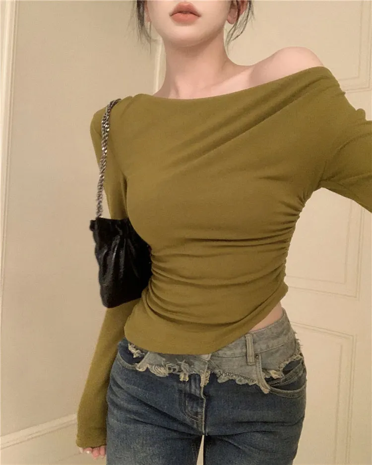 Black Solid Slash Neck Elegant Long Sleeve Tops Fashion Slim Sexy Cropped T Shirt Skinny Women Y2k Clothing Autumn Casual Shirts