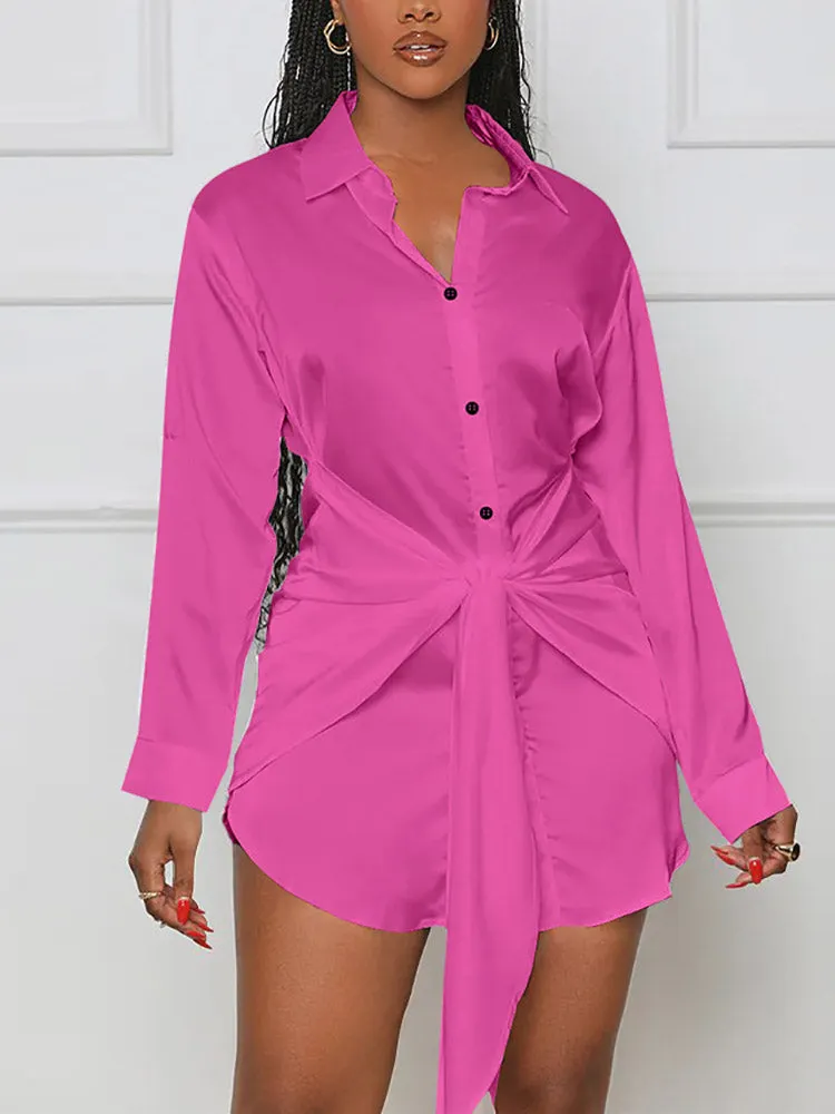 Satin Tie Waist Shirts Dress Maxct