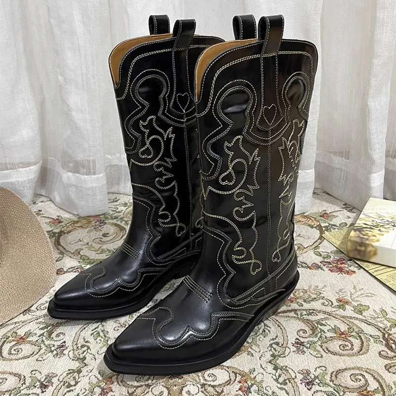 Womens Contrasting Embroidery Western Boots Mid Calf Cowboy Boots Maxct