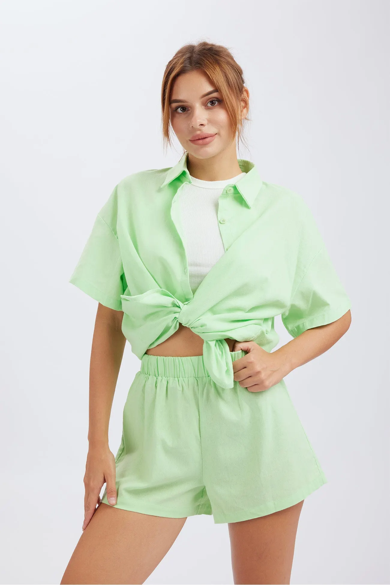 Maxct Solid Button Through Drop Shoulder Shirt Shorts Set