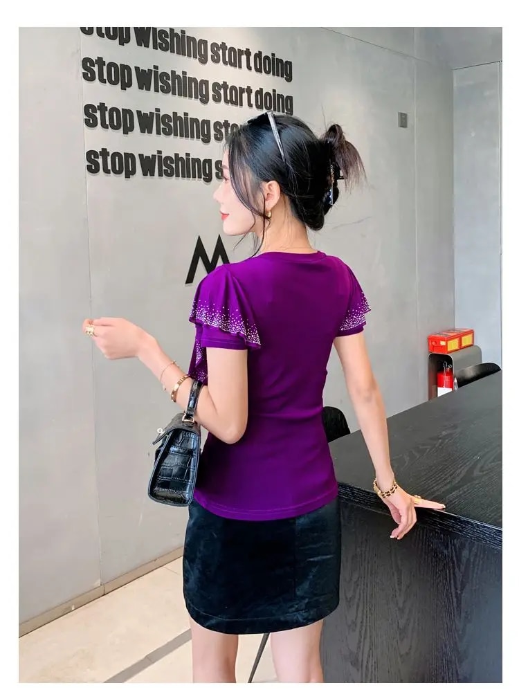 Maxct Ruffles Mesh T Shirts Women's Short Sleeve Fake Diamonds Crossed V Neck T-shirts Female Elegant Tops Tees BH6038