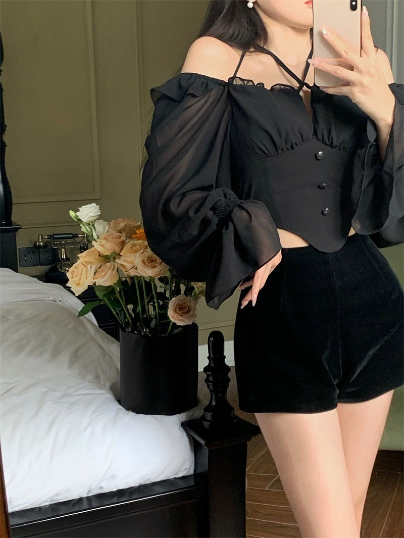 Shirts Blouses Spring Autumn Halter Off Shoulder Ruffles Patchwork Blusa Feminina Vintage Elegant Sexy Camisas De Mujer
