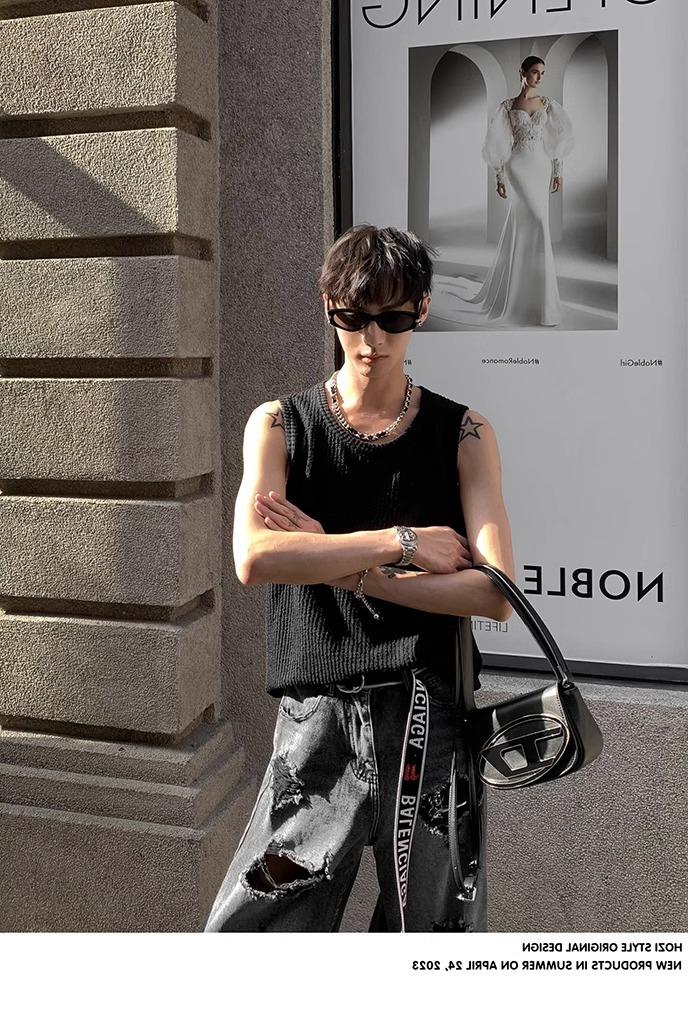 Maxct 90s Streetwear Solid Color Simple Vertical Stripe Niche Retro Round Neck Vest Men's Summer New Casual All-match Sleeveless T-shirt