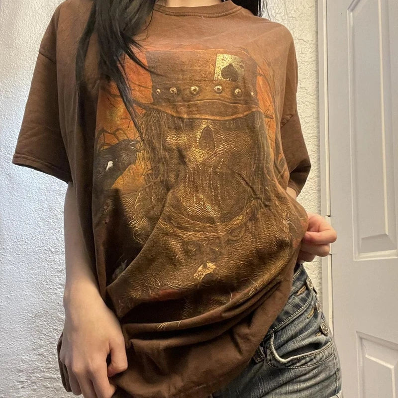 Maxct Punk Harajuku Grunge Short Sleeve Loose Tees E-girl Gothic Skulls Graphic Print T-shirt Y2K Aesthetic Vintage Pullovers Tops