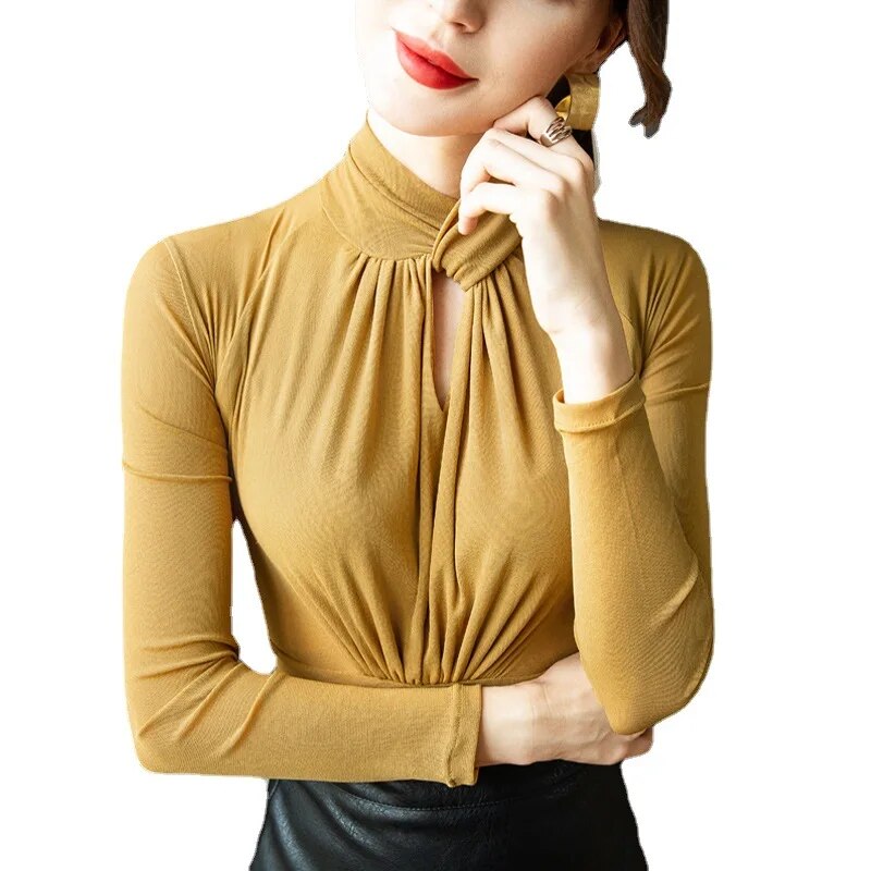 Maxct Mesh T Shirts Women Hollow Out Crossed Turtleneck Full Sleeve Tops Tees Lady Autumn High Stretchy Folds TShirt