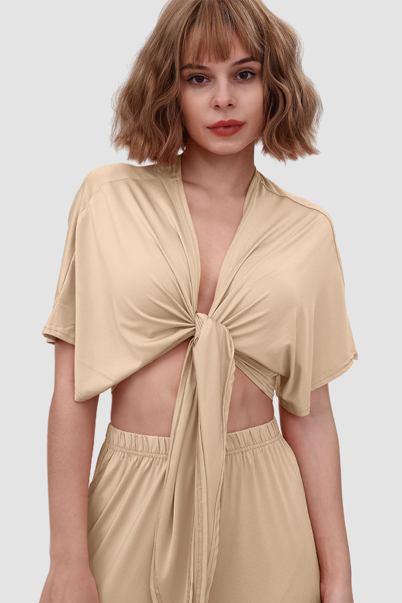 Maxct Deep V-neck Top & Elastic Wide Leg Pants