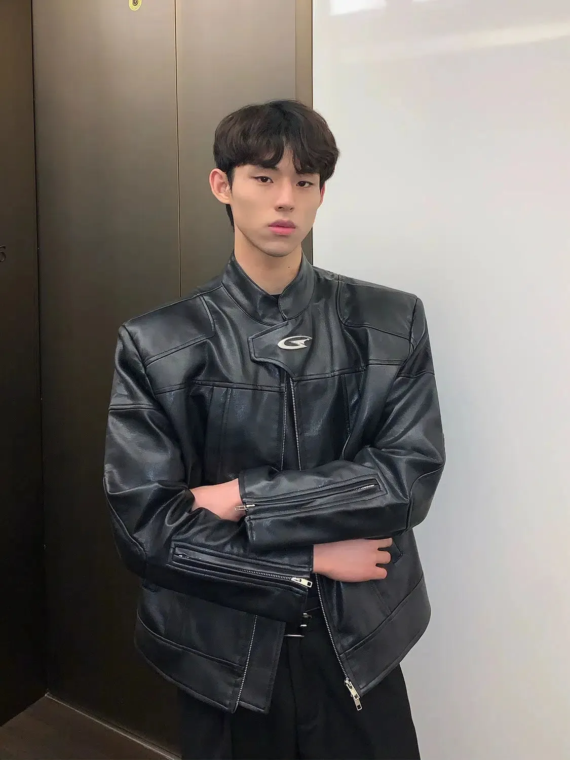 Maxct Stand Collar Leather Jacket with Shoulder Pads