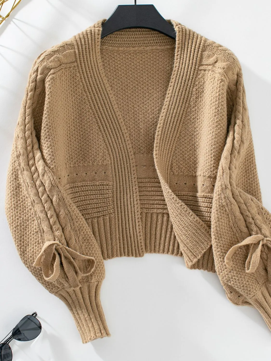 Maxct &Cable-Knit Tied Open Front Lantern Sleeve Cardigan