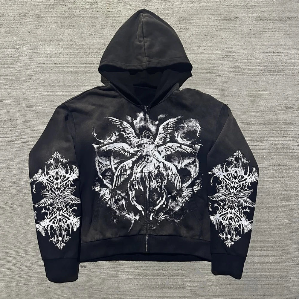 Maxct Y2k Winter Long Sleeved Hoodie Sweatshirt Oversized Winter Clothes Streetwear Y2k Vintage Punk Graffiti Print Top School Ootd