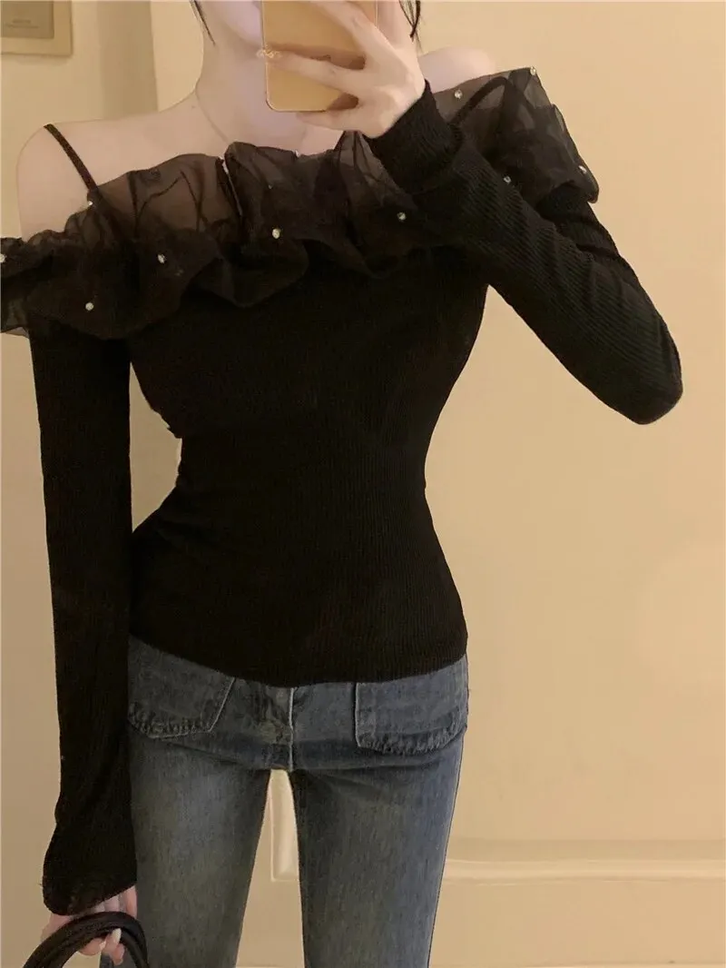 Maxct Neck T Shirts Girls Patched Beading Ruffles Stretch Tshirt Top Women Spring Summer Slim Tees
