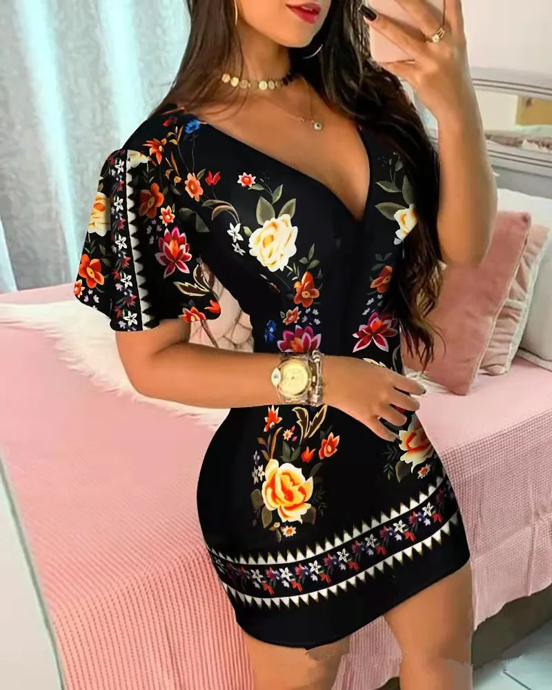 Women's Elegant Dress Vintage Floral Print Ruffles Bodycon Dress for Party Cocktails Casual Mini Dress Vacation Dress