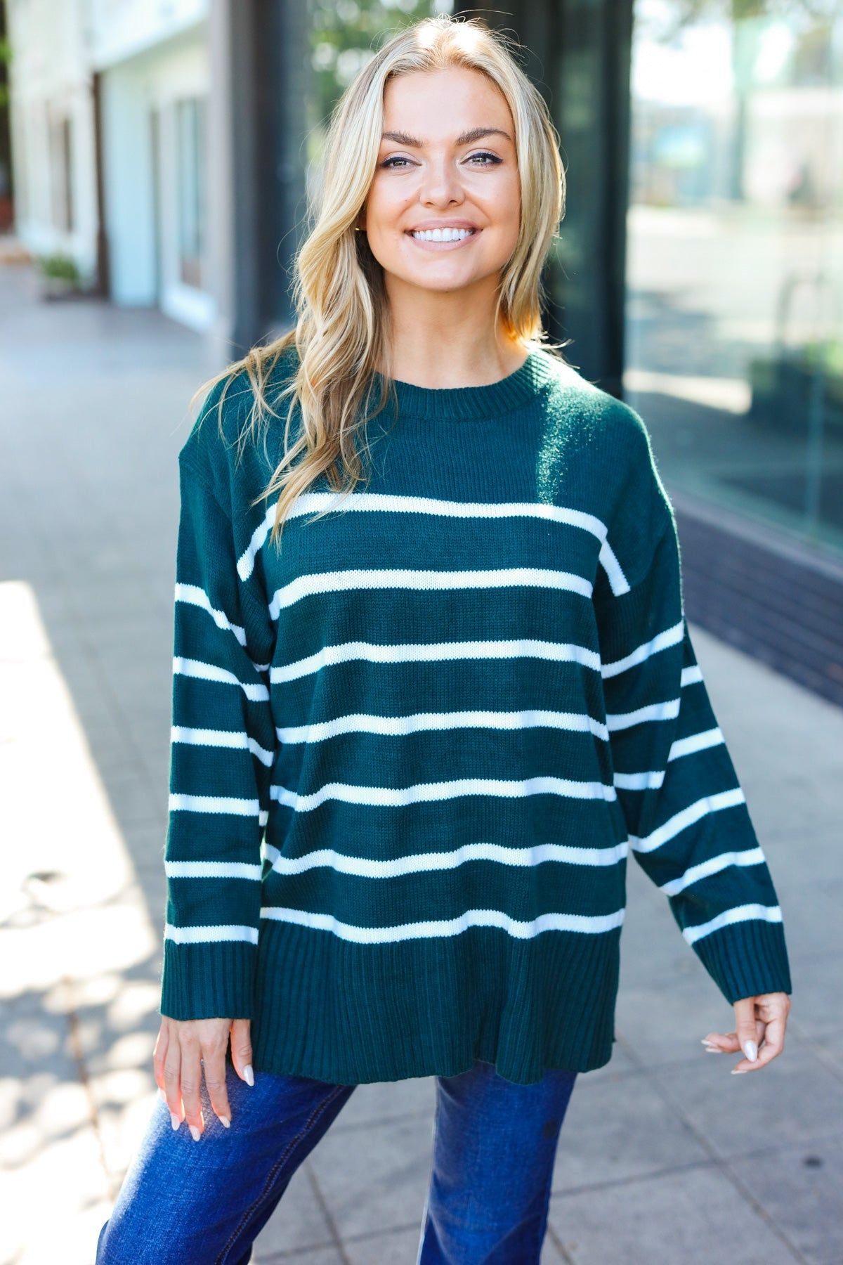 Maxct &Stand Out Hunter Green Striped Oversized Knit Sweater